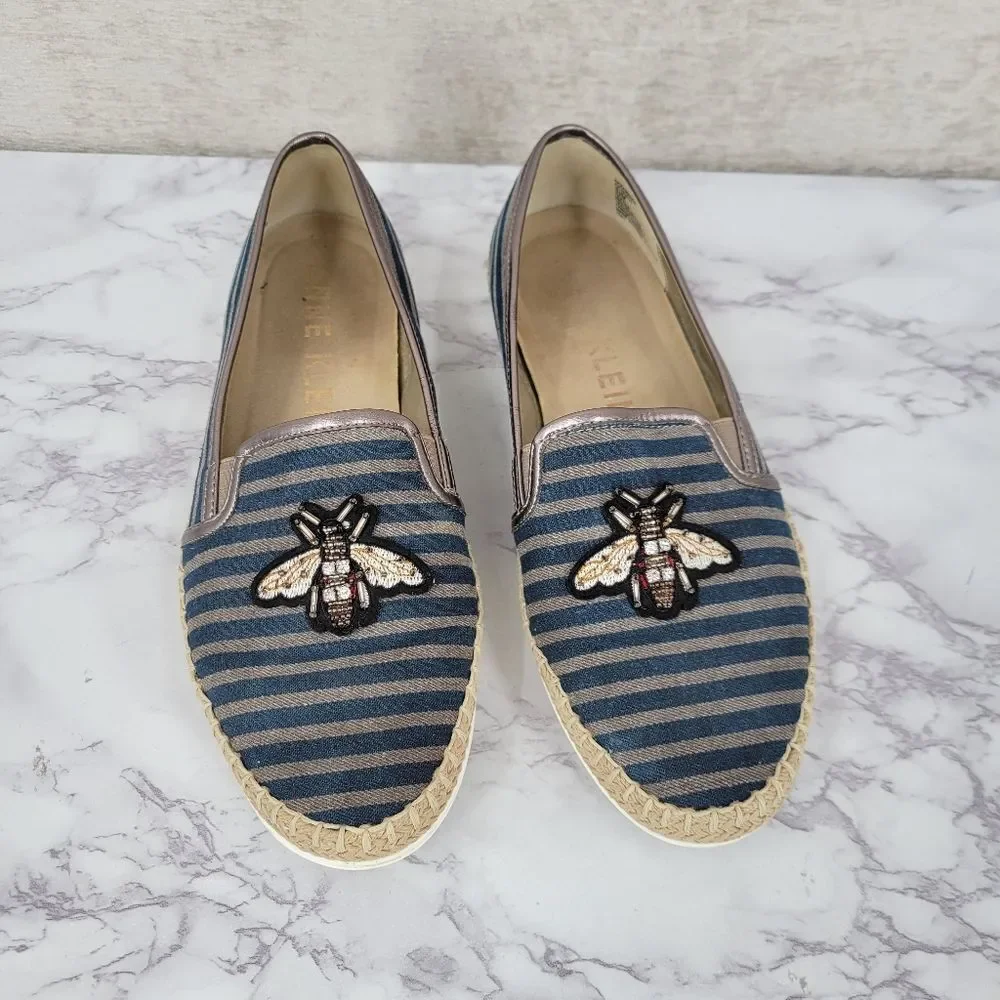 Anne Klein Stripe Blue Canvas Espadrilles with Bee Beaded Embroidery Flats Shoes